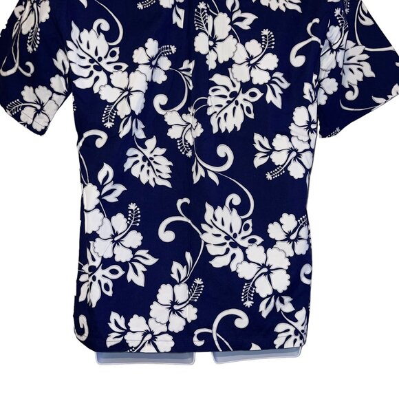 Retro Hilo Hattie Hawaiian Shirt Mens M Floral Plumeria Leaf Aloha Beach Blue - Picture 8 of 10